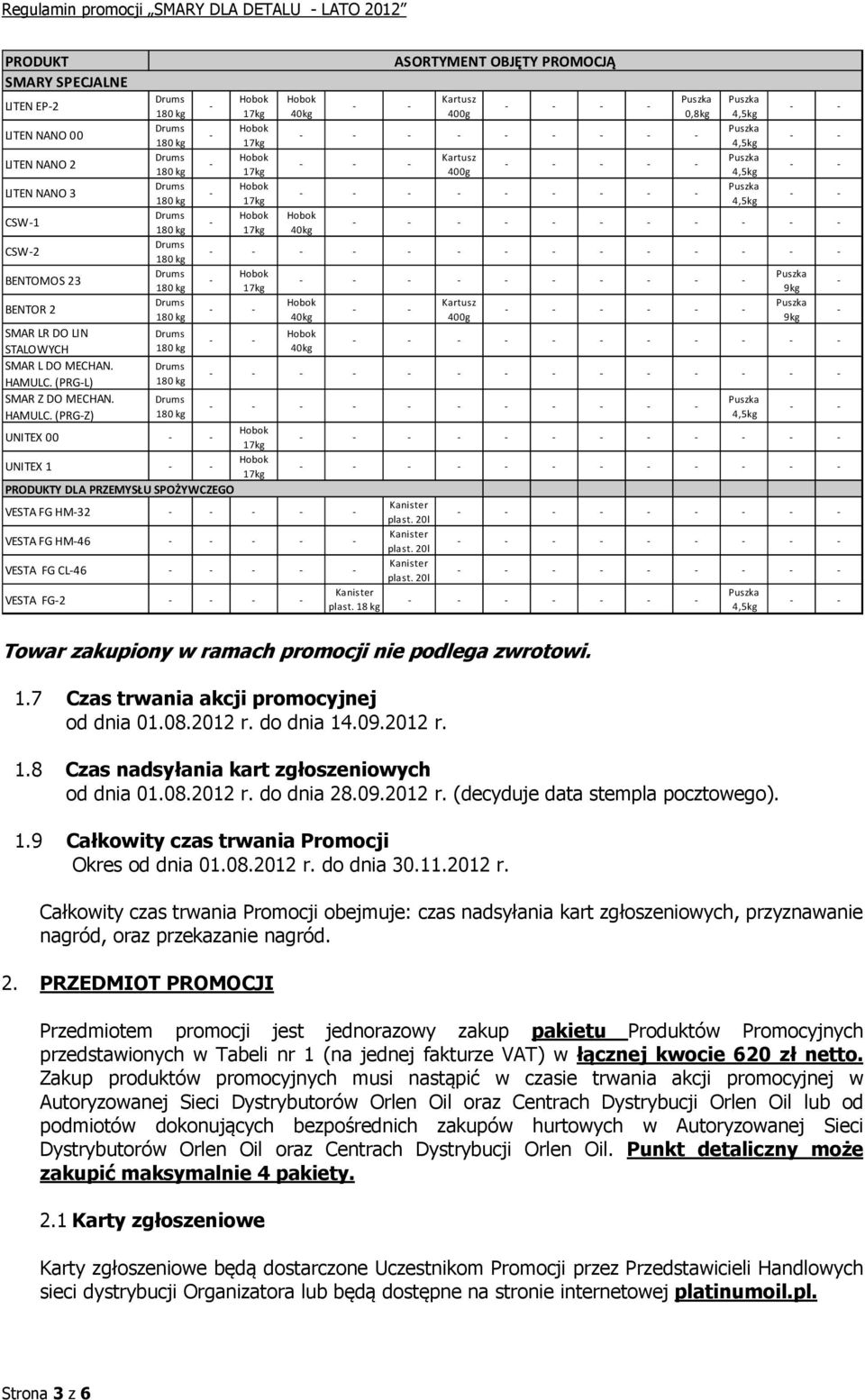18 kg Towar zakupiony w ramach promocji nie podlega zwrotowi. 1.7 Czas trwania akcji promocyjnej od dnia 01.08.2012 r. do dnia 14.09.2012 r. 1.8 Czas nadsyłania kart zgłoszeniowych od dnia 01.08.2012 r. do dnia 28.