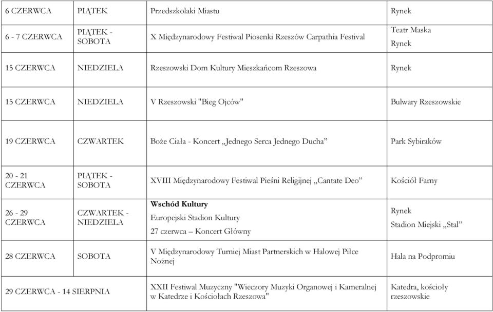 Festiwal Pieśni Religijnej Cantate Deo Kościół Farny 26-29 CZERWCA NIEDZIELA Wschód Kultury Europejski Stadion Kultury 27 czerwca Koncert Główny Stadion Miejski Stal 28 CZERWCA V Międzynarodowy