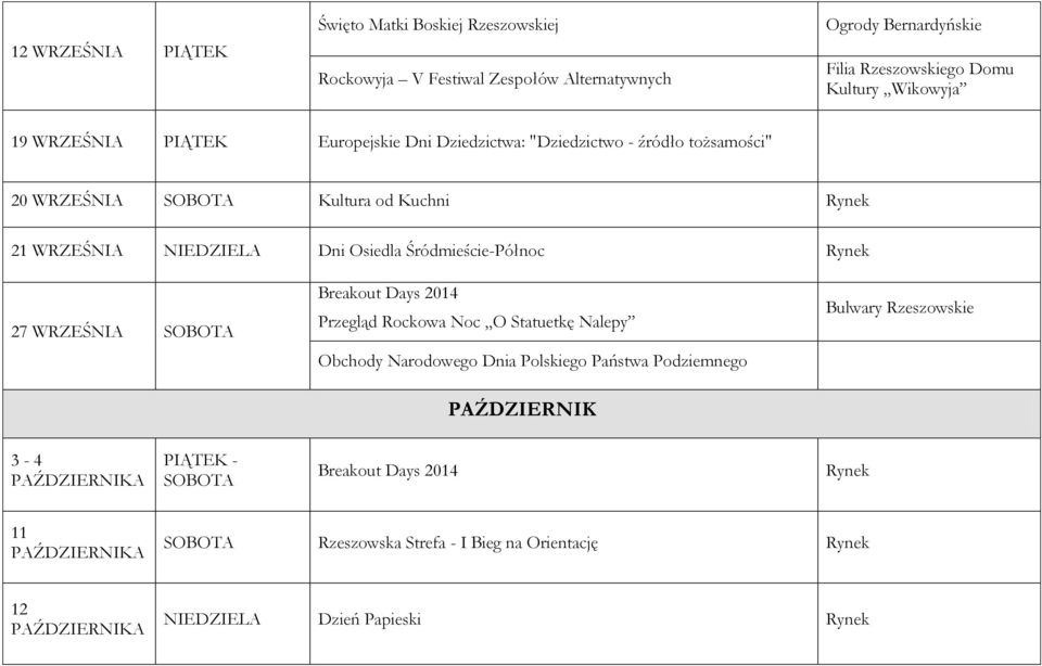 Śródmieście-Północ 27 WRZEŚNIA Breakout Days 2014 Przegląd Rockowa Noc O Statuetkę Nalepy Obchody Narodowego Dnia Polskiego Państwa Podziemnego