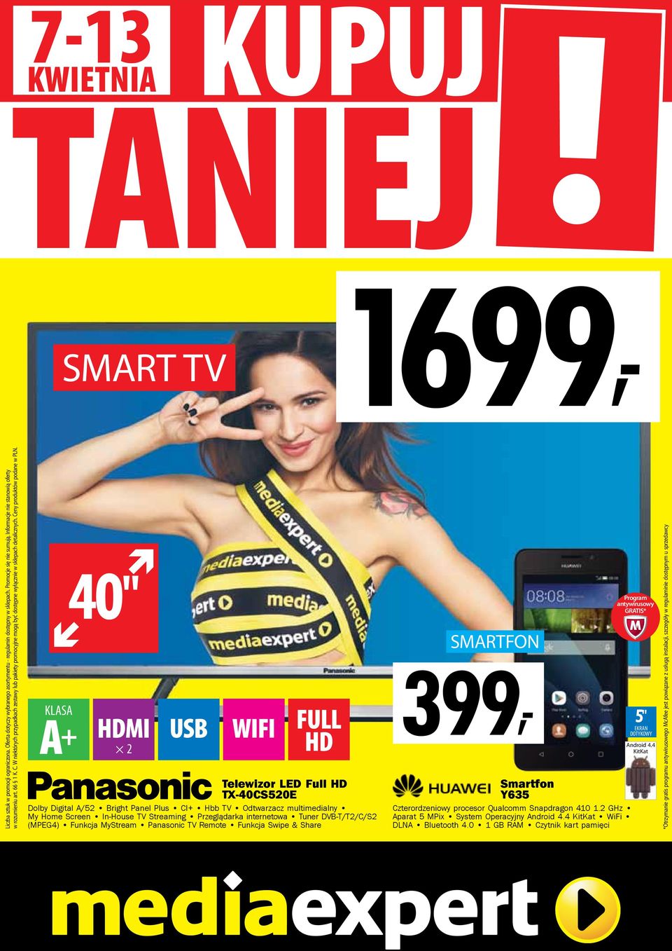 40" A + HDMI USB WIFI FULL HD 2 Telewizor LED Full HD TX-40CS520E Dolby Digital A/52 Bright Panel Plus CI+ Hbb TV Odtwarzacz multimedialny My Home Screen In-House TV Streaming Przeglądarka