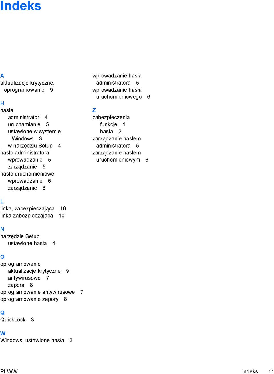 funkcje 1 hasła 2 zarządzanie hasłem administratora 5 zarządzanie hasłem uruchomieniowym 6 L linka, zabezpieczająca 10 linka zabezpieczająca 10 N narzędzie Setup ustawione