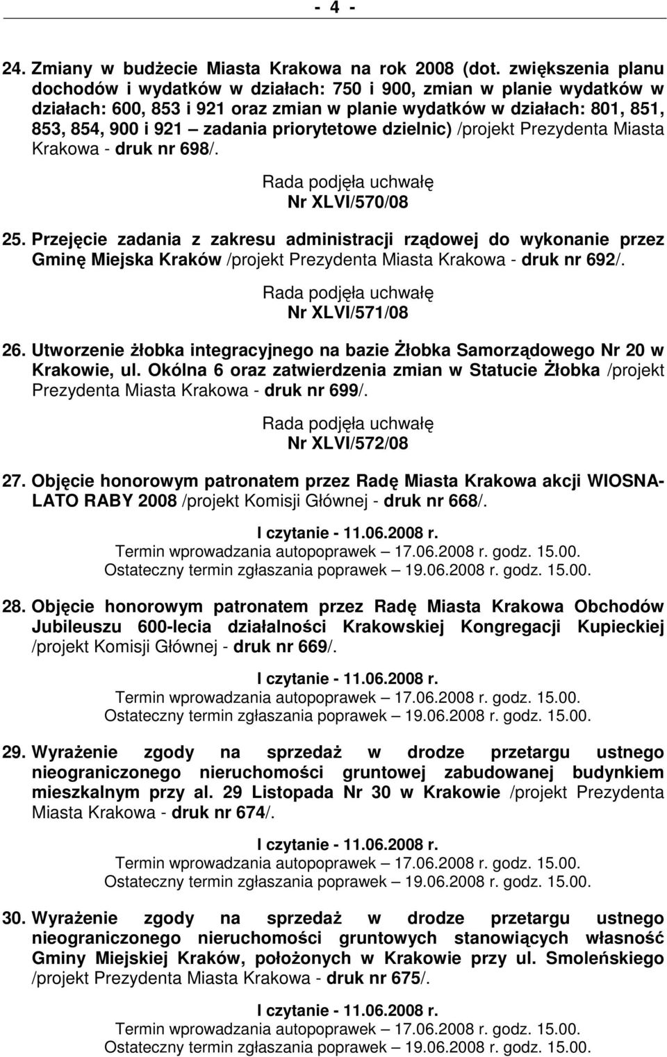 priorytetowe dzielnic) /projekt Prezydenta Miasta Krakowa - druk nr 698/. Nr XLVI/570/08 25.