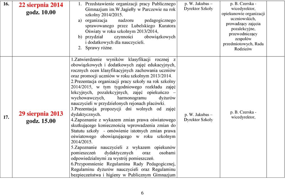 - opiekunowie organizacji uczniowskich, prowadzący zajęcia pozalekcyjne, przewodniczący zespołów przedmiotowych, Rada Rodziców 17. 29 sierpnia 2013 1.