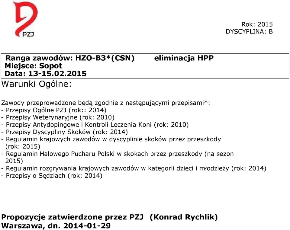 - Przepisy Antydopingowe i Kontroli Leczenia Koni (rok: 2010) - Przepisy Dyscypliny Skoków (rok: 2014) - Regulamin krajowych zawodów w dyscyplinie skoków przez przeszkody
