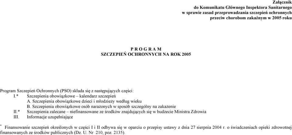 Szczepienia obowiązkowe osób narażonych w sposób szczególny na zakażenie II.* Szczepienia zalecane niefinansowane ze środków znajdujących się w budżecie Ministra Zdrowia III.