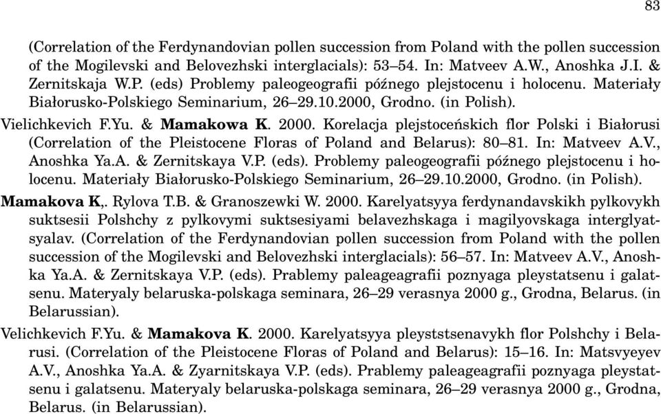 Korelacja plejstoceńskich flor Polski i Białorusi (Correlation of the Pleistocene Floras of Poland and Belarus): 80 81. In: Matveev A.V., Anoshka Ya.A. & Zernitskaya V.P. (eds).