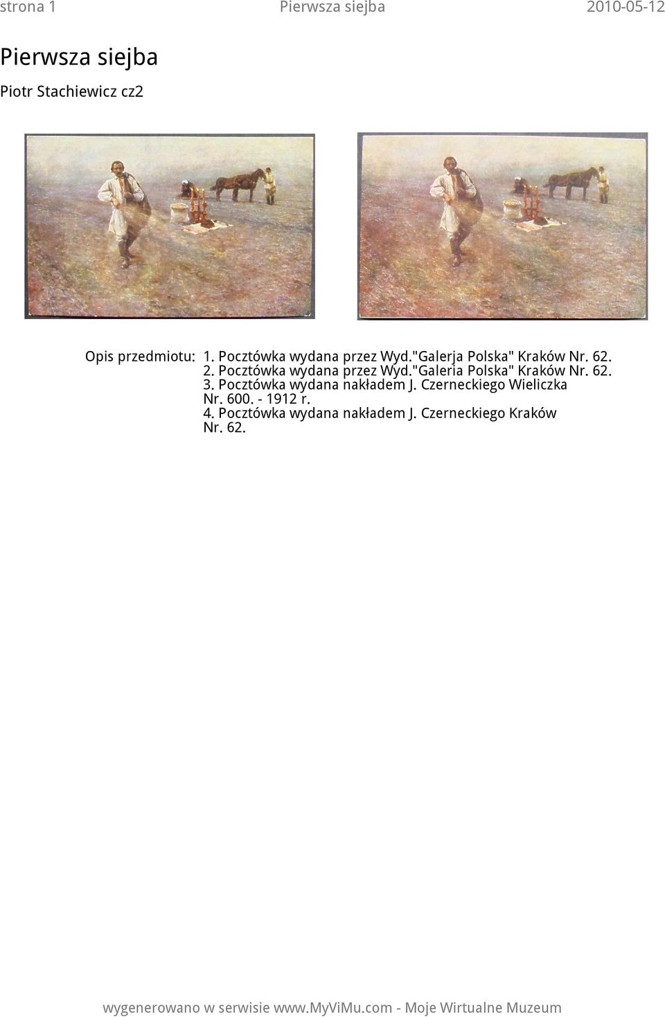 Pocztówka wydana przez Wyd."Galeria Polska" Kraków Nr. 62. 3.
