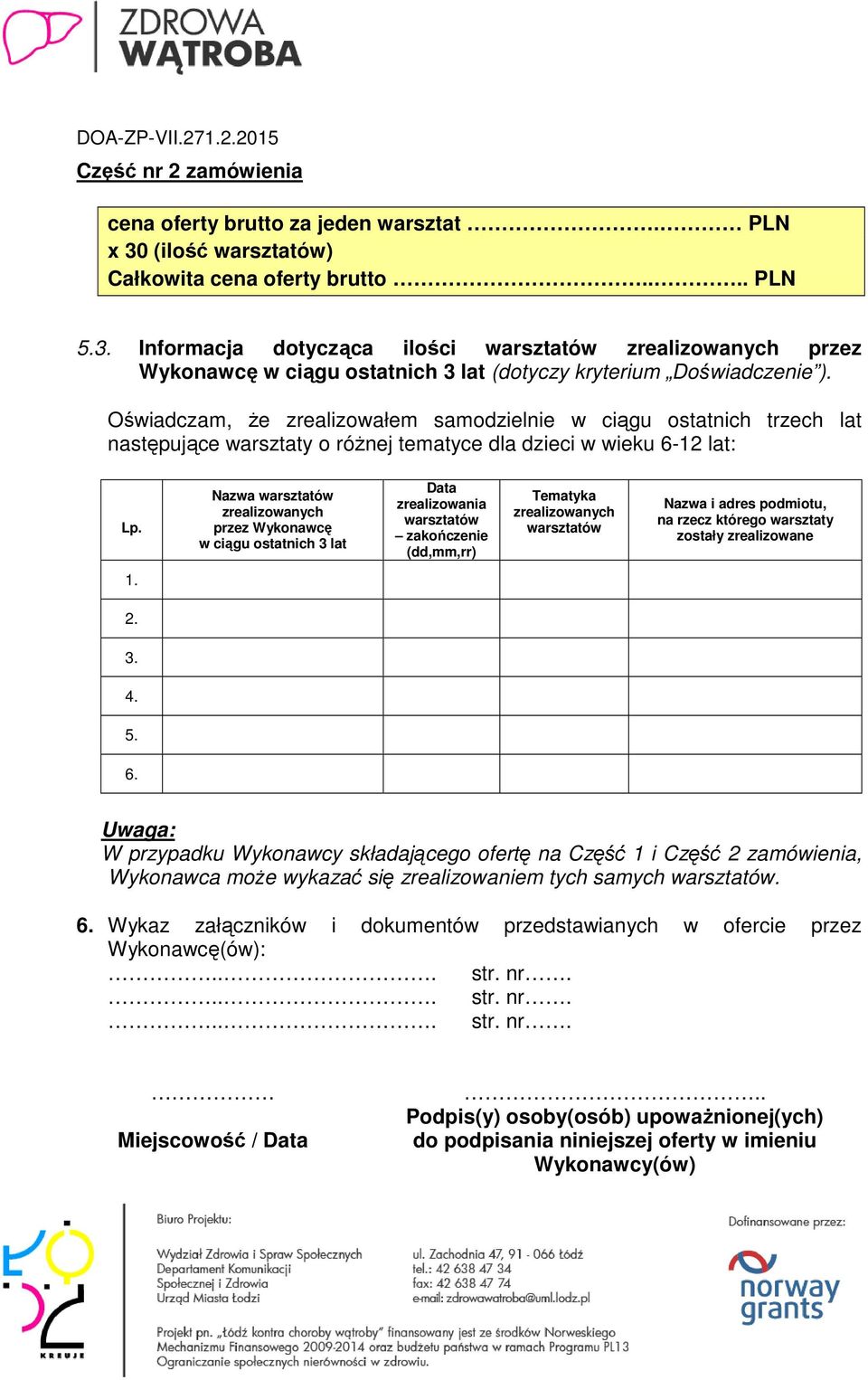 Nazwa warsztatów zrealizowanych przez Wykonawcę w ciągu ostatnich 3 lat Data zrealizowania warsztatów zakończenie (dd,mm,rr) Tematyka zrealizowanych warsztatów Nazwa i adres podmiotu, na rzecz