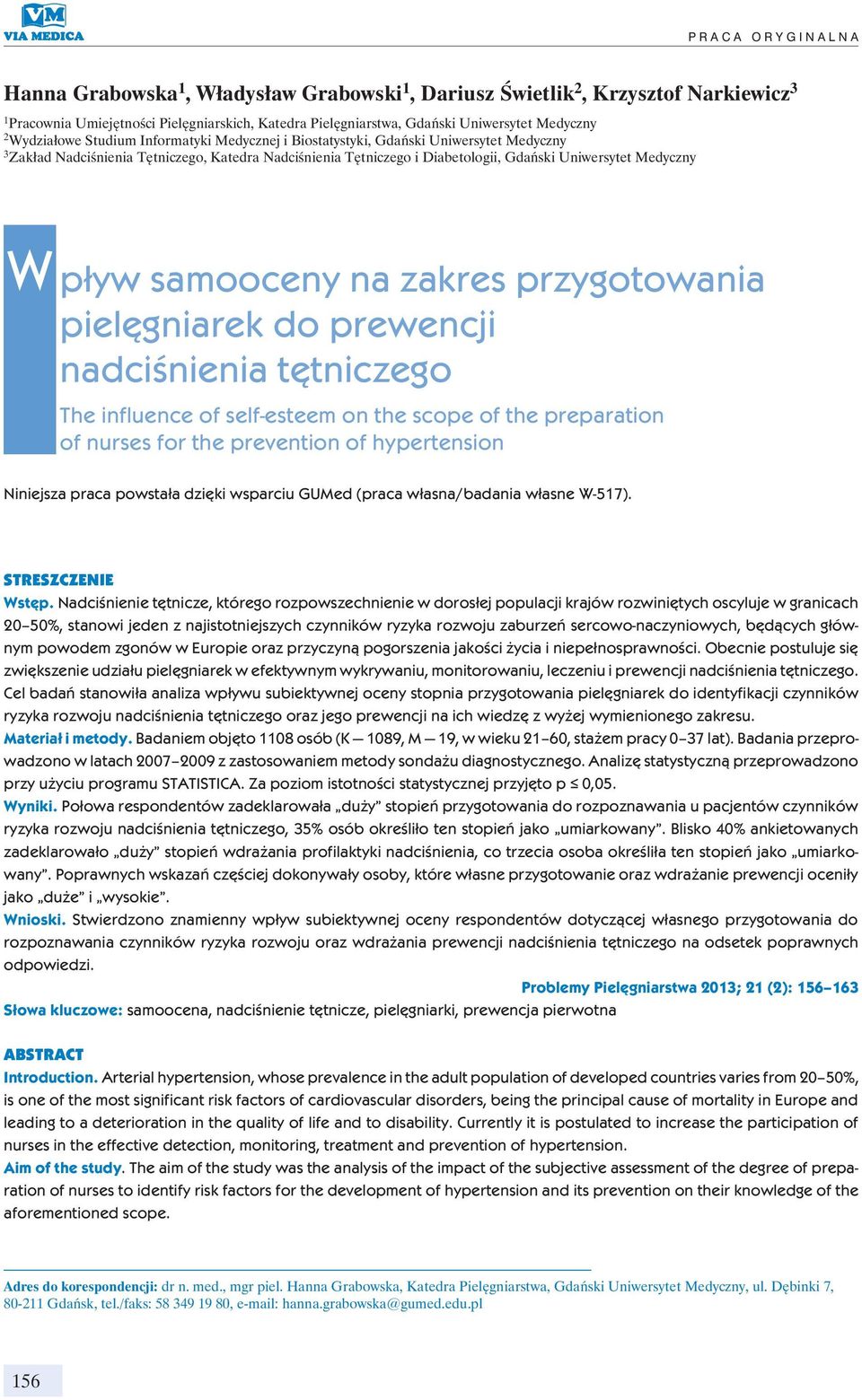 Uniwersytet Medyczny w pływ samooceny na zakres przygotowania pielęgniarek do prewencji nadciśnienia tętniczego The influence of self-esteem on the scope of the preparation of nurses for the