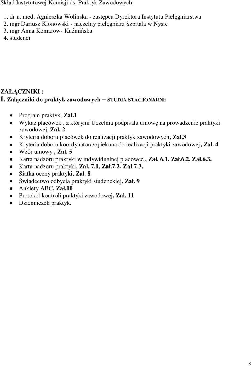 1 Wykaz placówek, z którymi Uczelnia podpisała umowę na prowadzenie praktyki zawodowej, Zał. 2 Kryteria doboru placówek do realizacji praktyk zawodowych, Zał.
