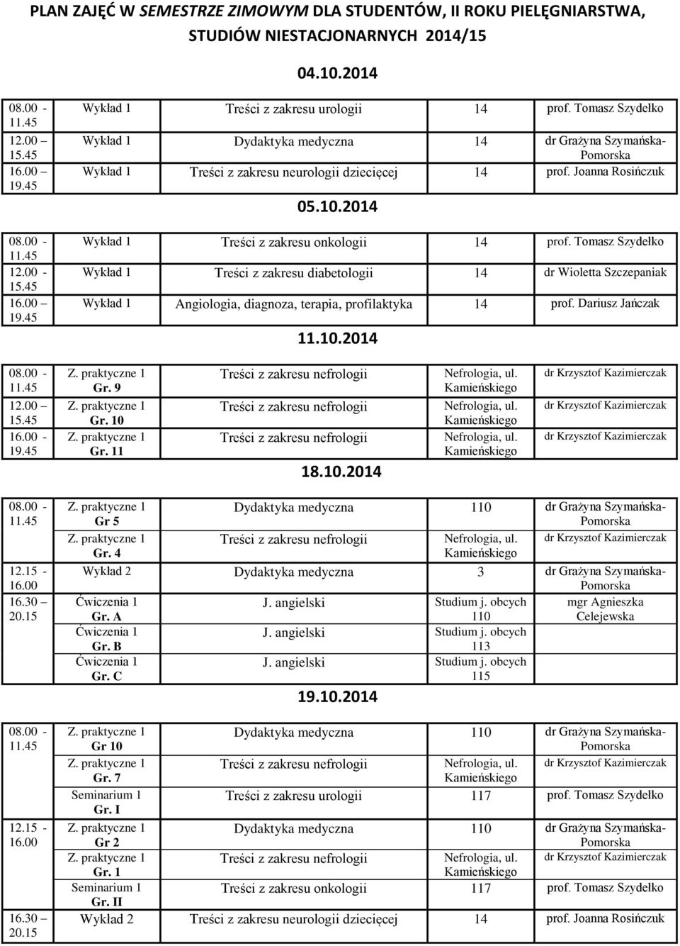 Tomasz Szydełko Wykład 1 Treści z zakresu diabetologii 14 dr Wioletta Szczepaniak Wykład 1 14 11.10.2014-0 1 18.10.2014 Gr 5 Wykład 2 3 Ćwiczenia 1 mgr Agnieszka Ćwiczenia 1 Ćwiczenia 1 19.