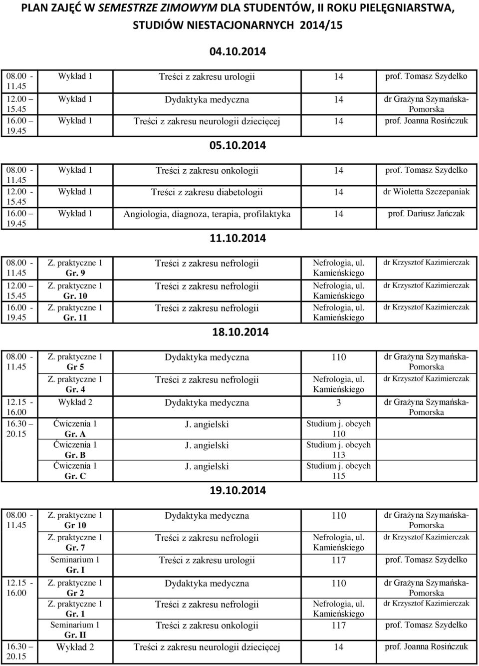 Tomasz Szydełko Wykład 1 Treści z zakresu diabetologii 14 dr Wioletta Szczepaniak Wykład 1 14 11.10.2014-0 1 18.10.2014 Gr 5 Wykład 2 3 Ćwiczenia 1 Ćwiczenia 1 Ćwiczenia 1 19.