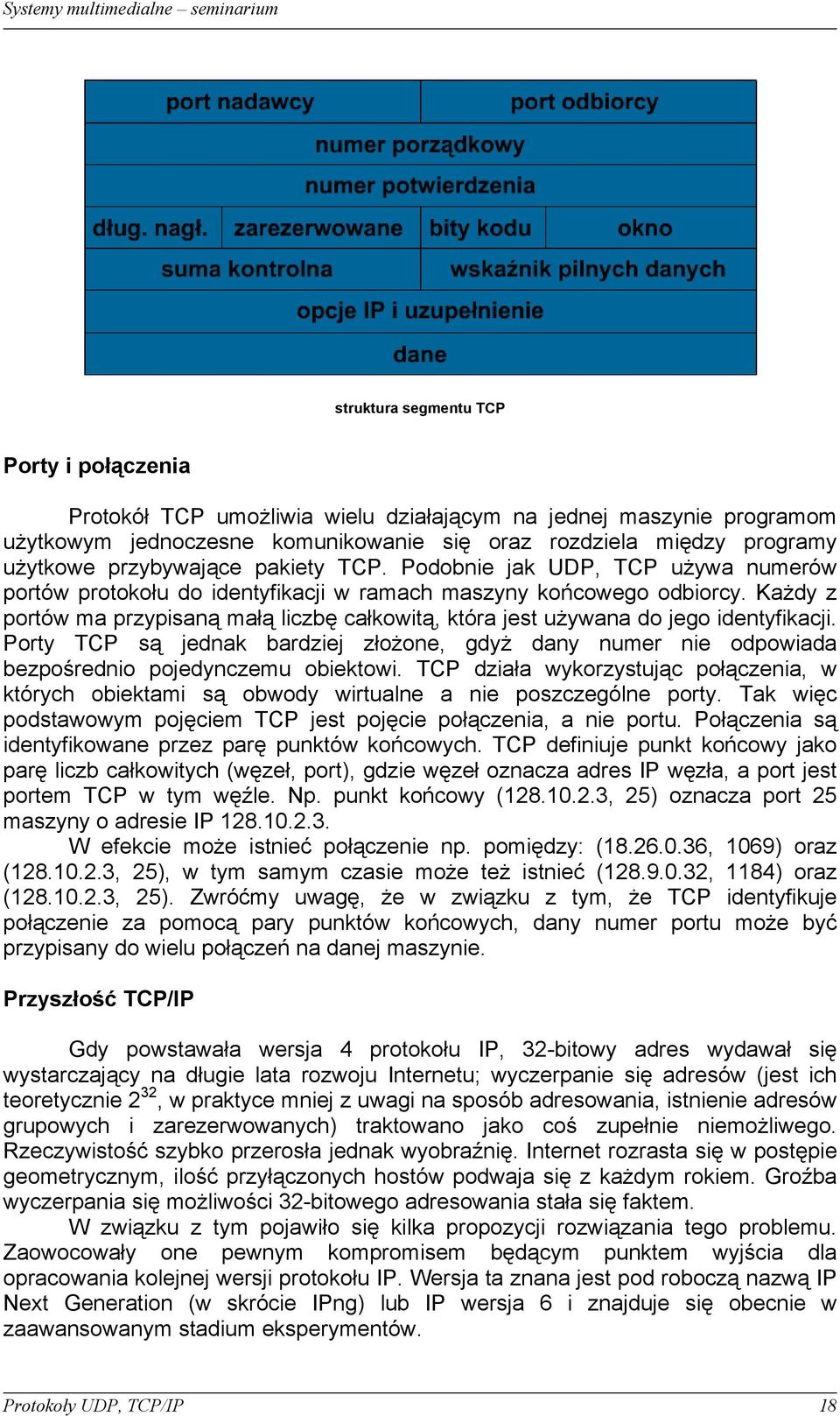 Każdy z portów ma przypisaną małą liczbę całkowitą, która jest używana do jego identyfikacji. Porty TCP są jednak bardziej złożone, gdyż dany numer nie odpowiada bezpośrednio pojedynczemu obiektowi.