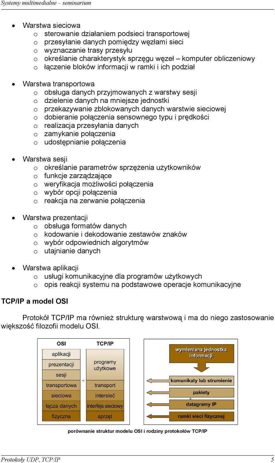 zblokowanych danych warstwie sieciowej o dobieranie połączenia sensownego typu i prędkości o realizacja przesyłania danych o zamykanie połączenia o udostępnianie połączenia Warstwa sesji o określanie