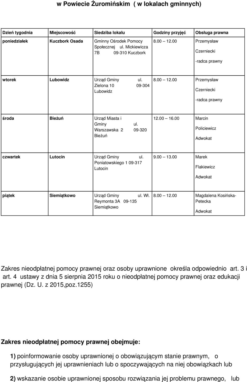 00 16.00 Marcin Policiewicz czwartek Lutocin Urząd Gminy Poniatowskiego 1 09-317 Lutocin 9.00 13.00 Marek Flakiewicz piątek Siemiątkowo Urząd Gminy Wł. Reymonta 3A 09-135 Siemiątkowo 8.00 12.