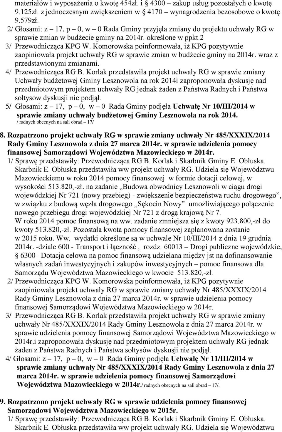 Komorowska poinformowała, iż KPG pozytywnie zaopiniowała projekt uchwały RG w sprawie zmian w budżecie gminy na 2014r. wraz z przedstawionymi zmianami. 4/ Przewodnicząca RG B.