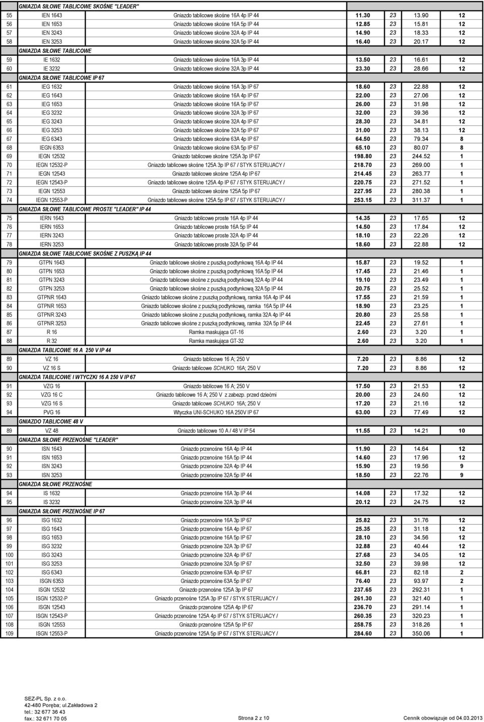 17 12 GNIAZDA SIŁOWE TABLICOWE 59 IE 1632 Gniazdo tablicowe skośne 16A 3p IP 44 13.50 23 16.61 12 60 IE 3232 Gniazdo tablicowe skośne 32A 3p IP 44 23.30 23 28.