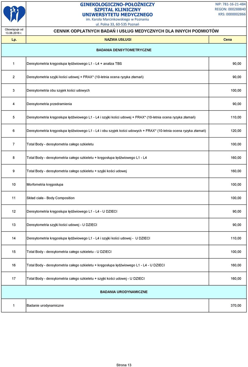 kręgosłupa lędźwiowego L1 - L4 i obu szyjek kości udowych + FRAX* (10-letnia ocena ryzyka złamań) 120,00 7 Total Body - densytometria całego szkieletu 100,00 8 Total Body - densytometria całego