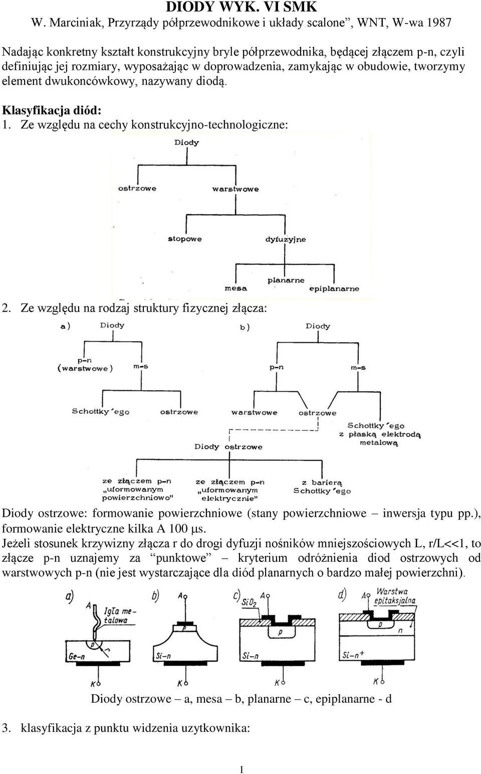 doprowadzenia, zamykając w obudowie, tworzymy element dwukoncówkowy, nazywany diodą. Klasyfikacja diód: 1. Ze względu na cechy konstrukcyjno-technologiczne: 2.