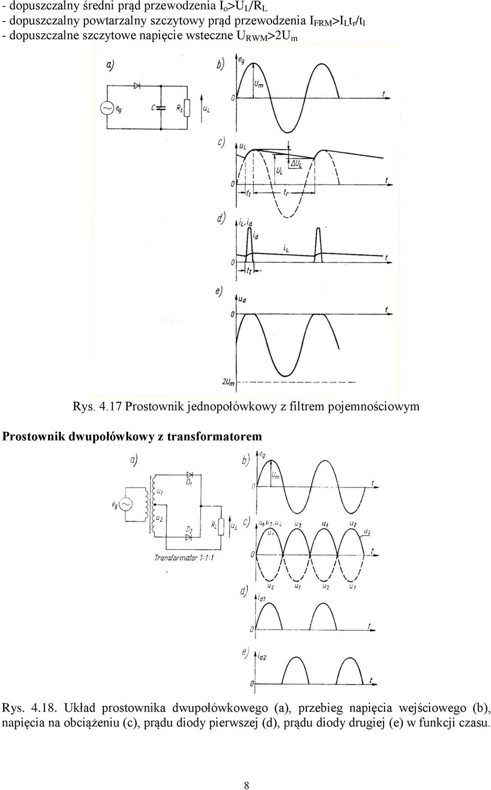 17 Prostownik jednopołówkowy z filtrem pojemnościowym Prostownik dwupołówkowy z transformatorem Rys. 4.18.