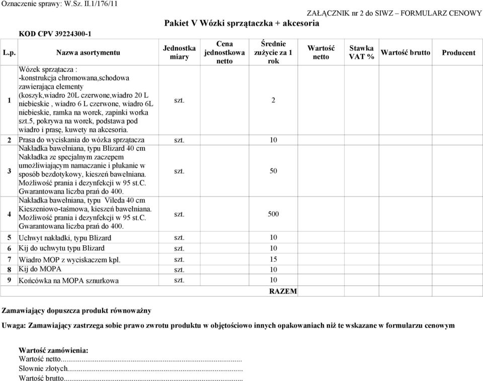 10 Zamawiający dopuszcza produkt równoważny ZAŁĄCZNIK nr 2 do SIWZ FORMULARZ CENOWY Pakiet V Wózki sprzątaczka + akcesoria Jednostka miary Cena jednostkowa netto Średnie zużycie za 1 rok Wózek