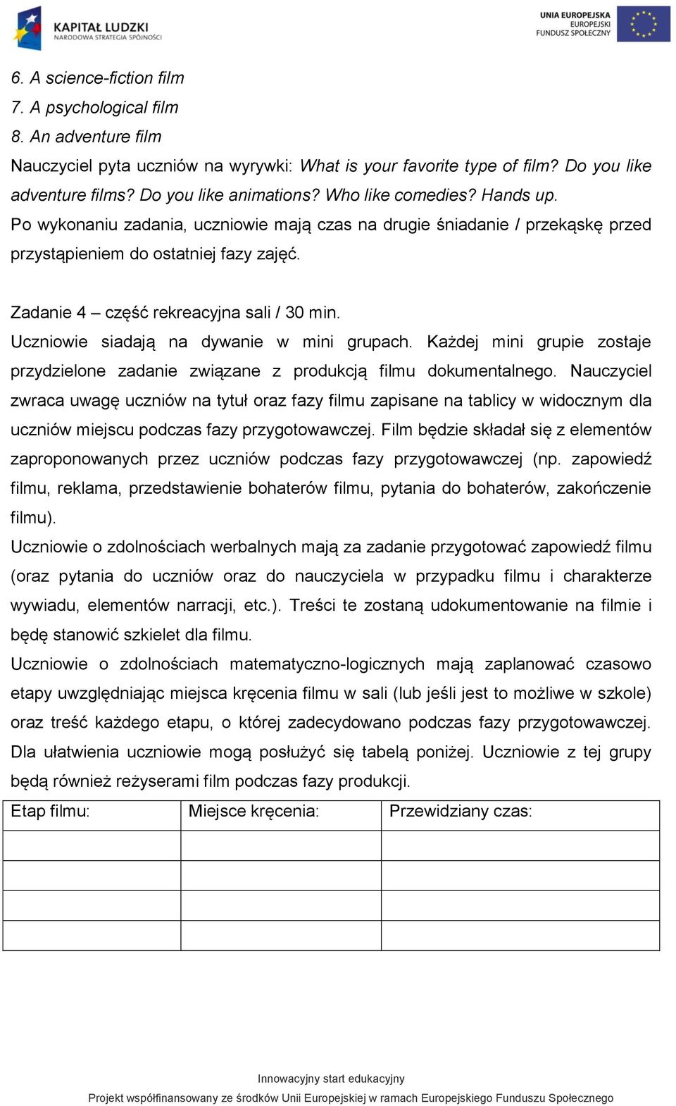 Uczniowie siadają na dywanie w mini grupach. Każdej mini grupie zostaje przydzielone zadanie związane z produkcją filmu dokumentalnego.