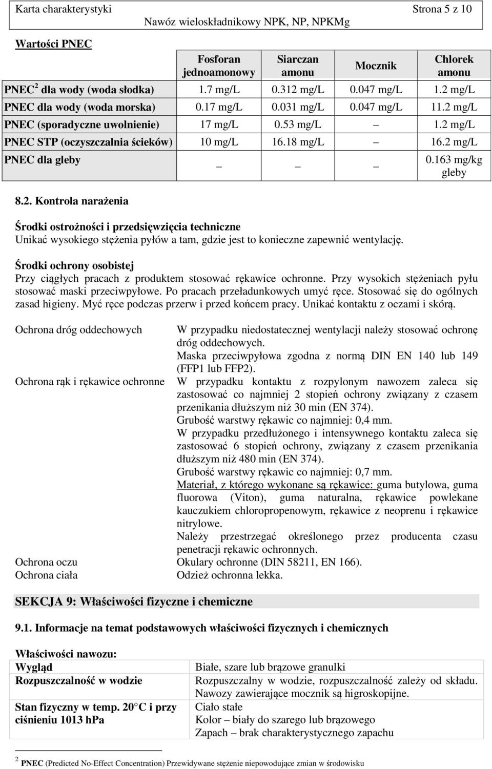2 mg/l PNEC dla gleby 8.2. Kontrola narażenia Środki ostrożności i przedsięwzięcia techniczne Unikać wysokiego stężenia pyłów a tam, gdzie jest to konieczne zapewnić wentylację. 0.