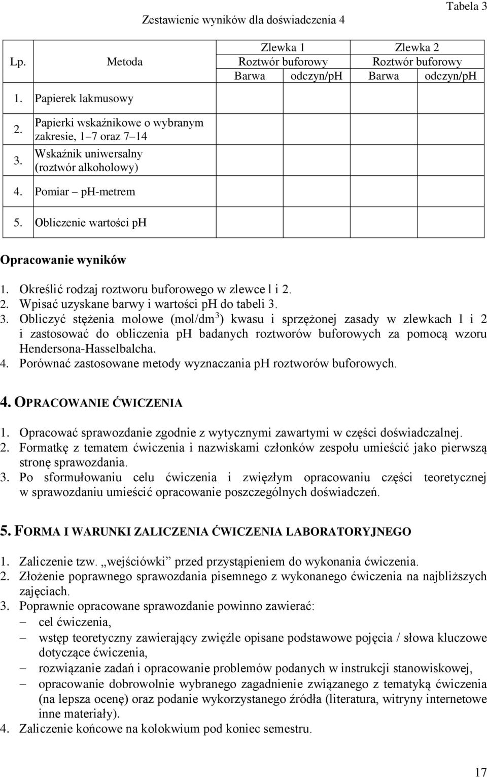 3. Obliczyć stężenia molowe (mol/dm 3 ) kwasu i sprzężonej zasady w zlewkach l i 2 i zastosować do obliczenia ph badanych roztworów buforowych za pomocą wzoru Hendersona-Hasselbalcha. 4.