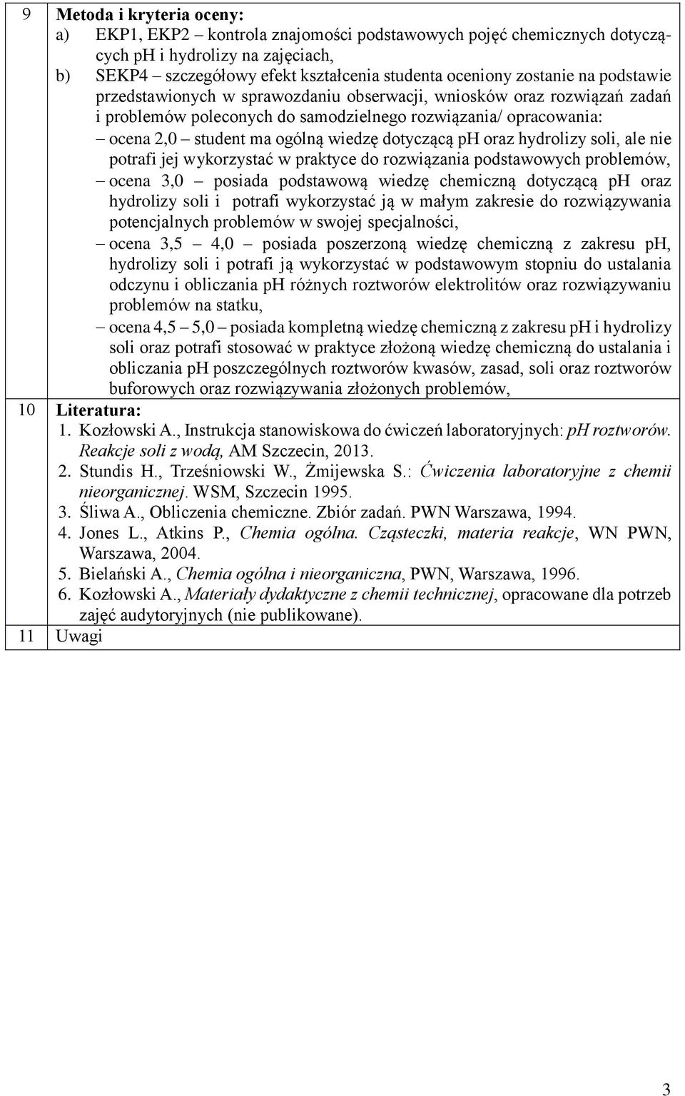 oraz hydrolizy soli, ale nie potrafi jej wykorzystać w praktyce do rozwiązania podstawowych problemów, ocena 3,0 posiada podstawową wiedzę chemiczną dotyczącą ph oraz hydrolizy soli i potrafi