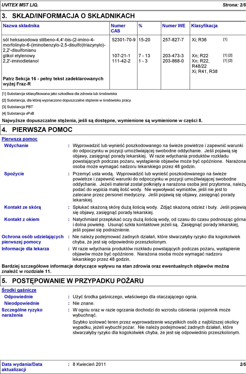 morfolinylo-6-(iminobenzylo-2,5-disulfo)triazynylo)- 2,2'-disulfonianu glikol etylenowy 107-21-1 7-13 203-473-3 Xn; R22 [1] [2] 2,2'-iminodietanol 111-42-2 1-3 203-868-0 Xn; R22, R48/22 Xi; R41, R38