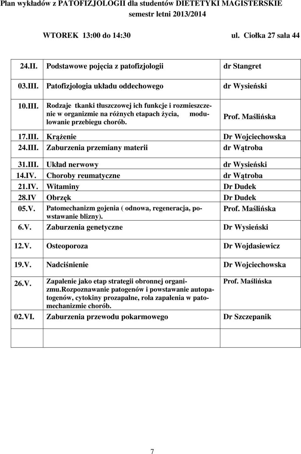 III. Zaburzenia przemiany materii dr Wątroba 31.III. Układ nerwowy dr Wysieński 14.IV. Choroby reumatyczne dr Wątroba 21.IV. Witaminy Dr Dudek 28.IV Obrzęk Dr Dudek 05.V. Patomechanizm gojenia ( odnowa, regeneracja, powstawanie blizny).