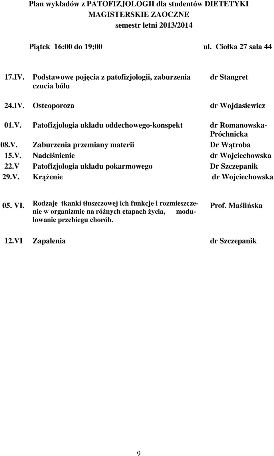 V. Zaburzenia przemiany materii Dr Wątroba 15.V. Nadciśnienie dr Wojciechowska 22.V Patofizjologia układu pokarmowego Dr Szczepanik 29.V. Krążenie dr Wojciechowska 05.