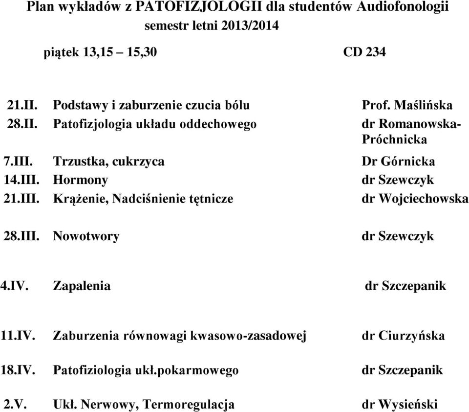 III. Krążenie, Nadciśnienie tętnicze dr Wojciechowska 28.III. Nowotwory dr Szewczyk 4.IV.