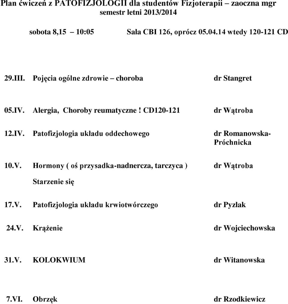 Alergia, Choroby reumatyczne! CD120-121 12.IV. Patofizjologia układu oddechowego dr Romanowska- 10.V. Hormony ( oś przysadka-nadnercza, tarczyca ) Starzenie się 17.