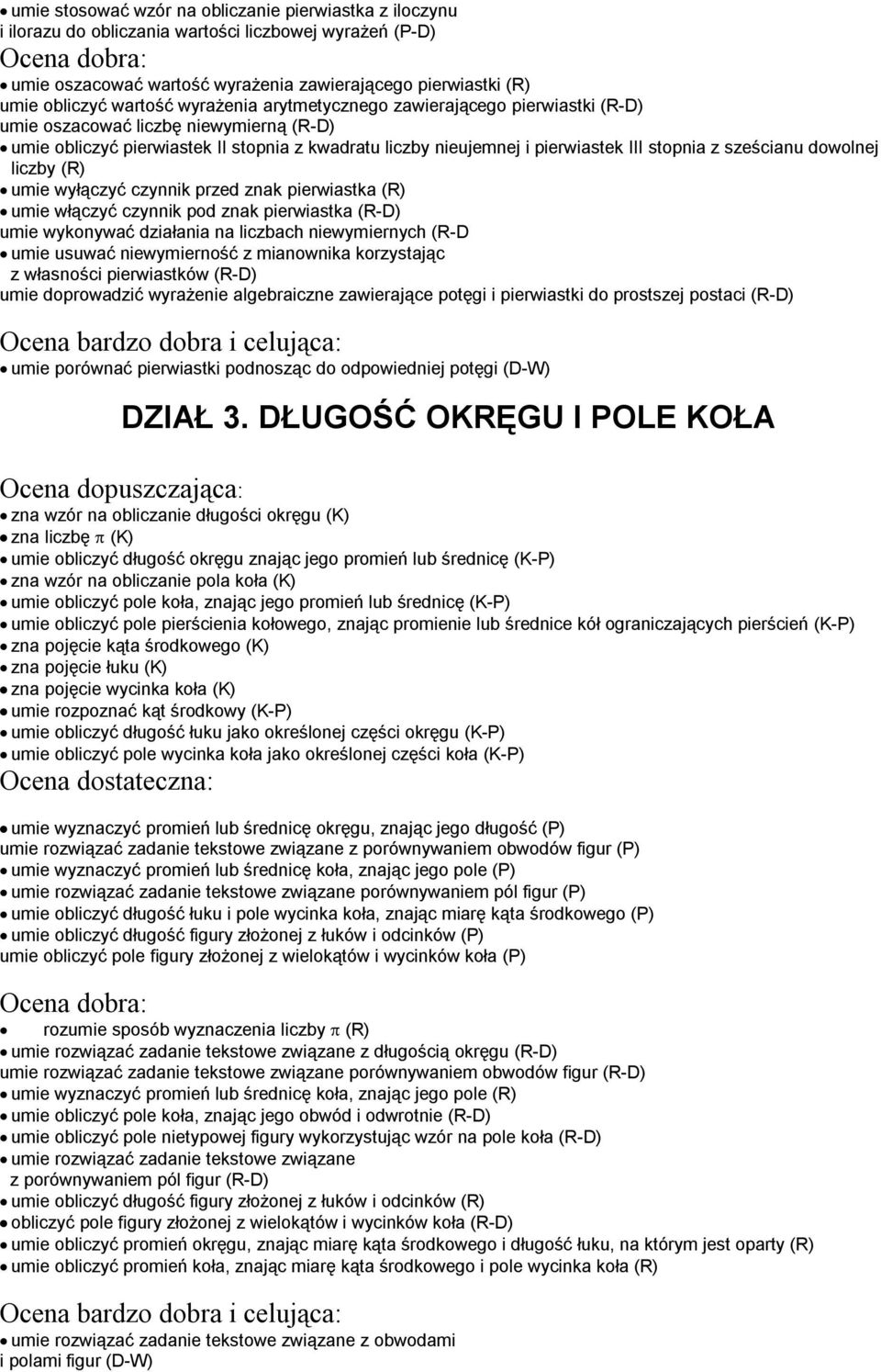 sześcianu dowolnej liczby (R) umie wyłączyć czynnik przed znak pierwiastka (R) umie włączyć czynnik pod znak pierwiastka (R-D) umie wykonywać działania na liczbach niewymiernych (R-D umie usuwać