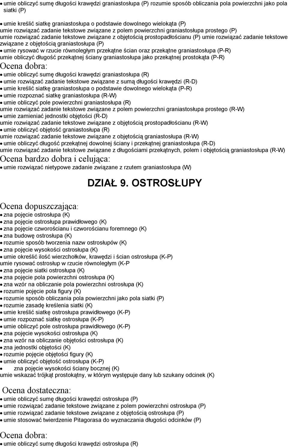 związane z objętością graniastosłupa (P) umie rysować w rzucie równoległym przekątne ścian oraz przekątne graniastosłupa (P-R) umie obliczyć długość przekątnej ściany graniastosłupa jako przekątnej