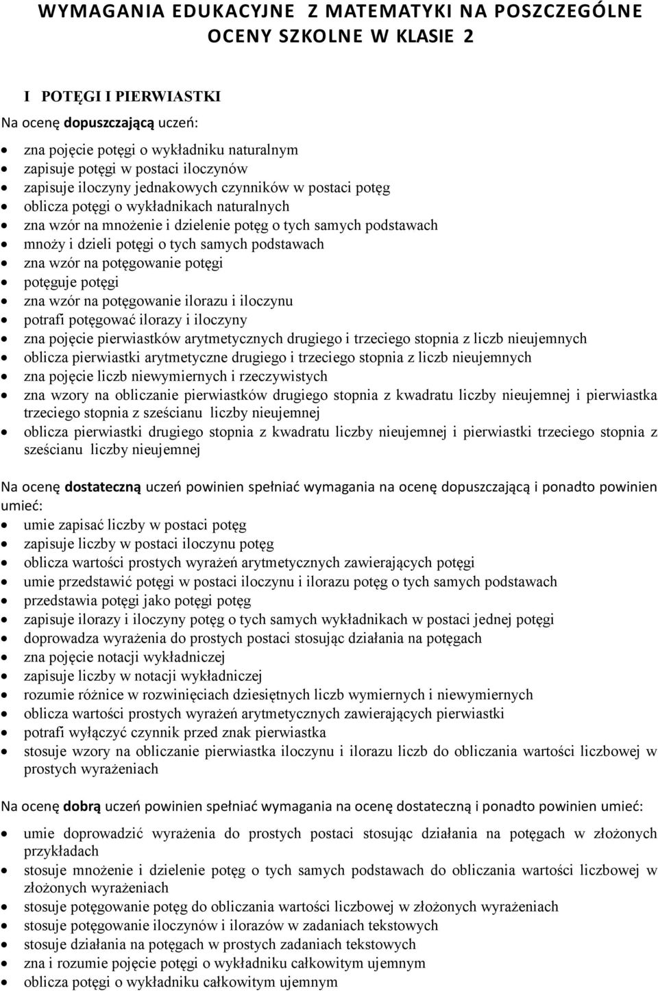 na potęgowanie potęgi potęguje potęgi zna wzór na potęgowanie ilorazu i iloczynu potrafi potęgować ilorazy i iloczyny zna pojęcie pierwiastków arytmetycznych drugiego i trzeciego stopnia z liczb