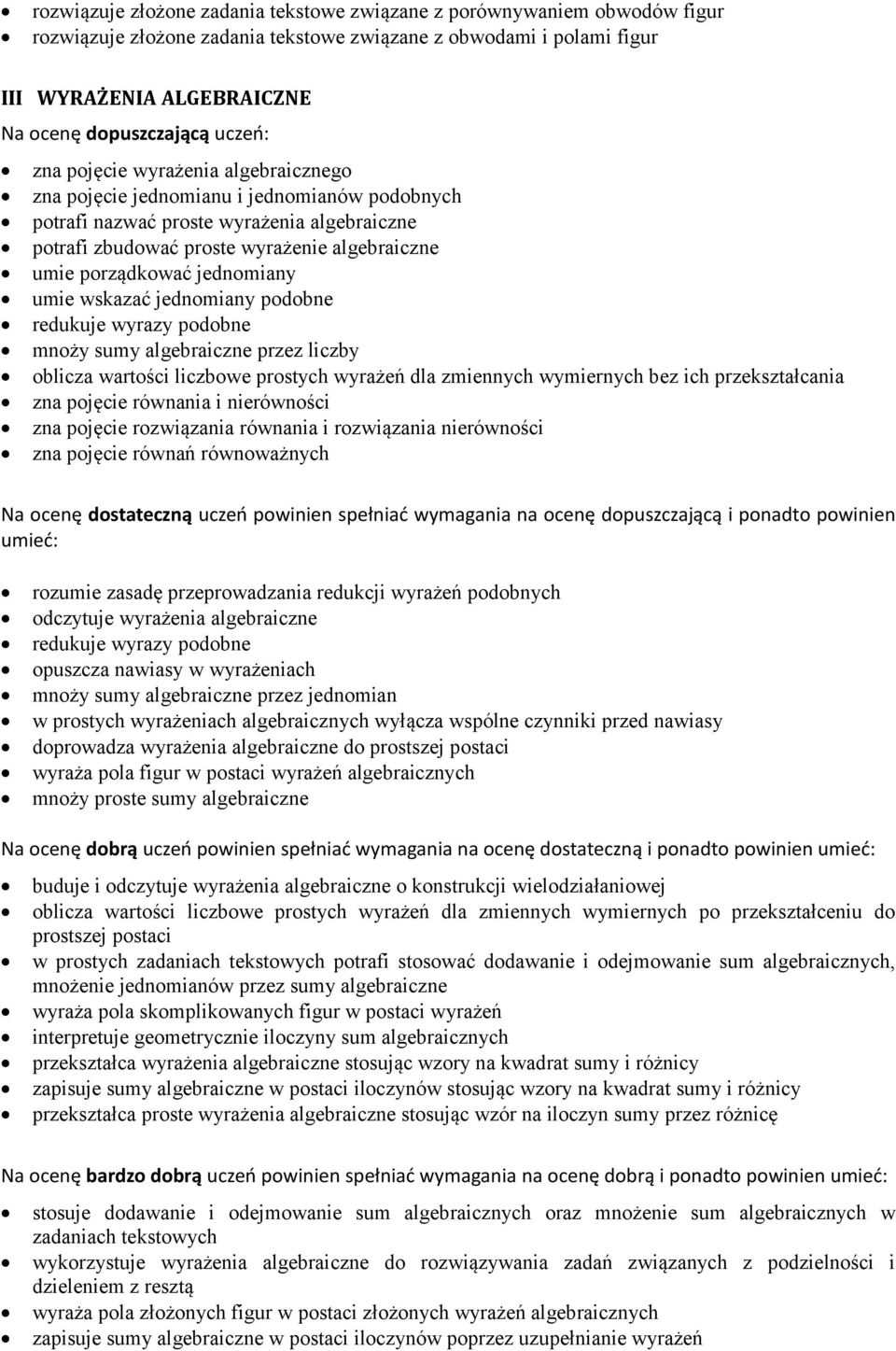 jednomiany podobne redukuje wyrazy podobne mnoży sumy algebraiczne przez liczby oblicza wartości liczbowe prostych wyrażeń dla zmiennych wymiernych bez ich przekształcania zna pojęcie równania i