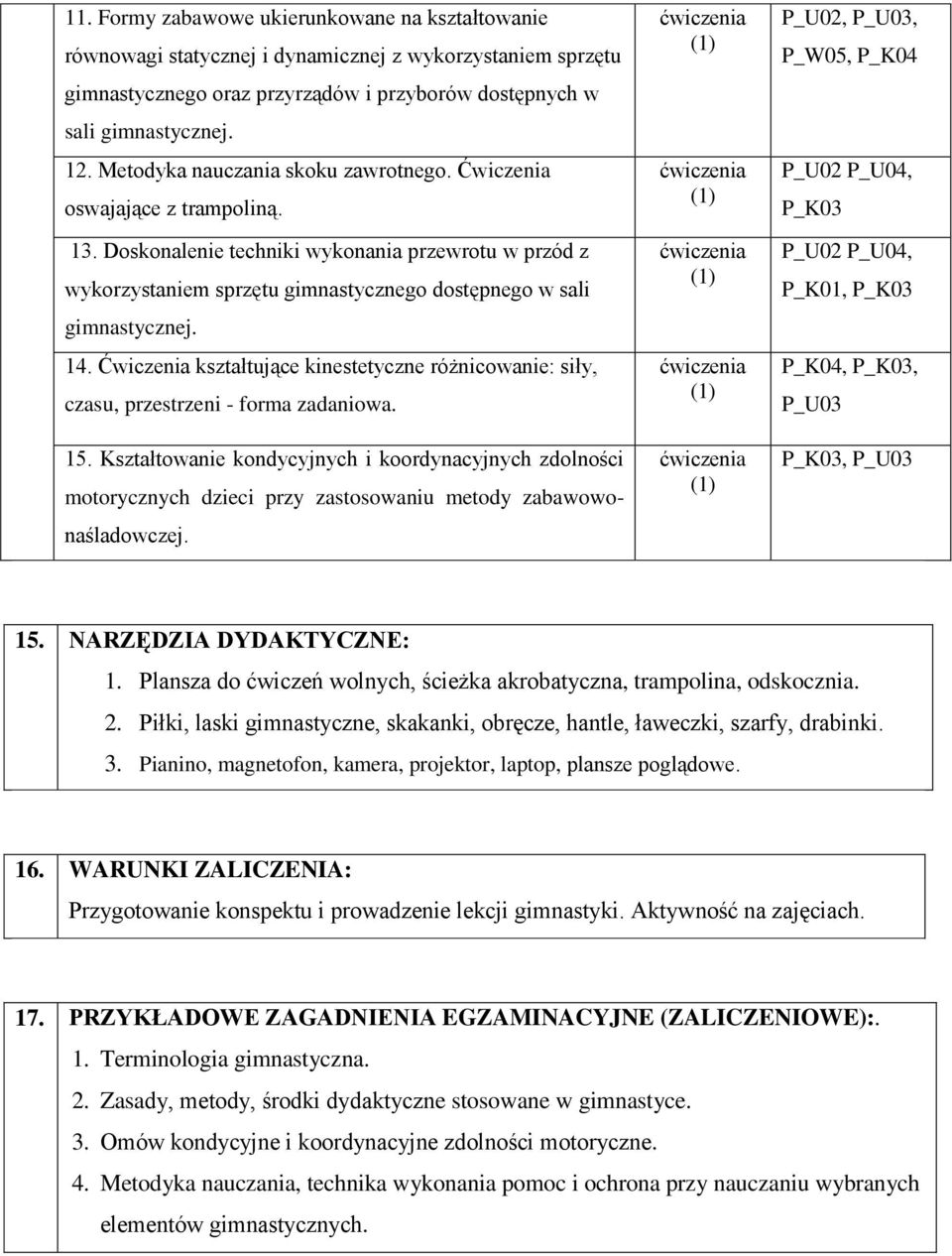 14. Ćwiczenia kształtujące kinestetyczne różnicowanie: siły, czasu, przestrzeni - forma zadaniowa. 15.