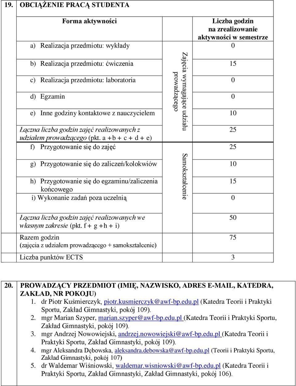 0 d) Egzamin 0 e) Inne godziny kontaktowe z nauczycielem 10 Łączna liczba godzin zajęć realizowanych z udziałem prowadzącego (pkt.