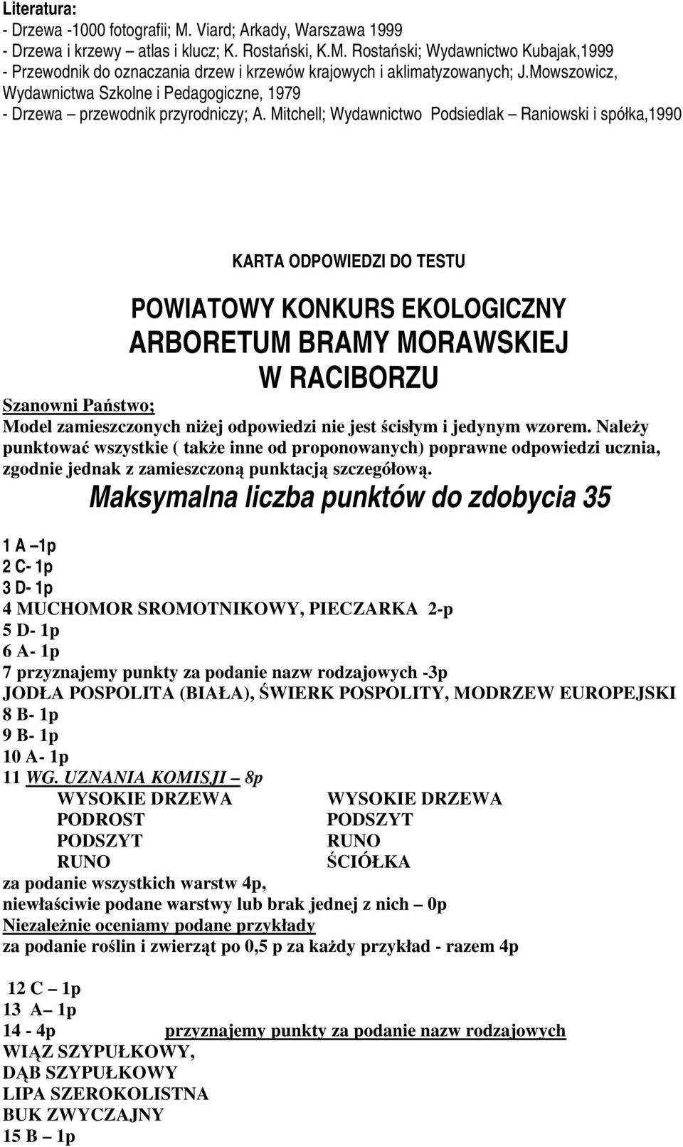 Mitchell; Wydawnictwo Podsiedlak Raniowski i spółka,1990 KARTA ODPOWIEDZI DO TESTU POWIATOWY KONKURS EKOLOGICZNY ARBORETUM BRAMY MORAWSKIEJ W RACIBORZU Szanowni Państwo; Model zamieszczonych niżej