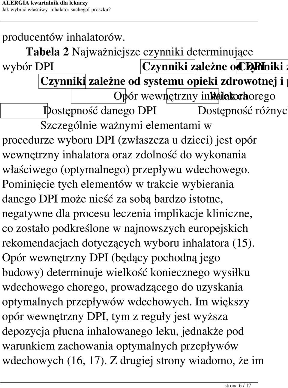 DPI Dostępność różnych Szczególnie ważnymi elementami w procedurze wyboru DPI (zwłaszcza u dzieci) jest opór wewnętrzny inhalatora oraz zdolność do wykonania właściwego (optymalnego) przepływu