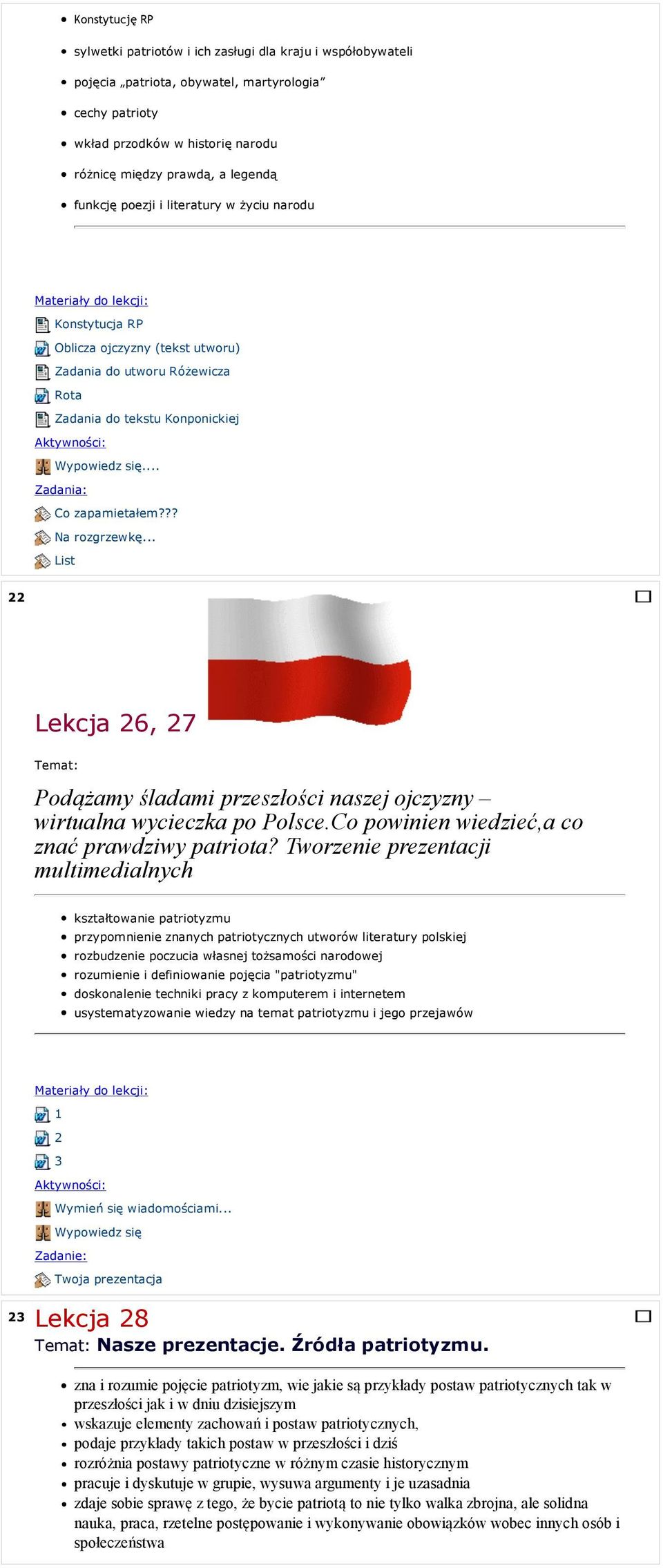 ?? Na rozgrzewkę... List 22 Lekcja 26, 27 Temat: Podążamy śladami przeszłości naszej ojczyzny wirtualna wycieczka po Polsce.Co powinien wiedzieć,a co znać prawdziwy patriota?