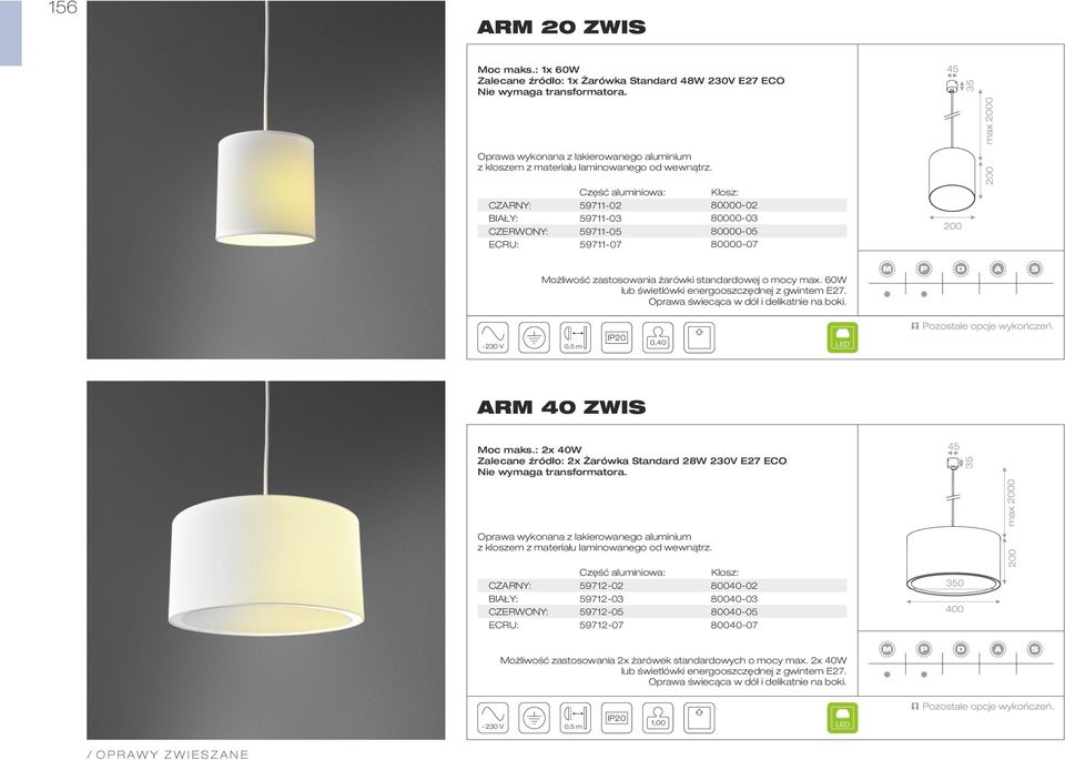 Część aluminiowa: 59711-02 59711-03 59711-05 59711-07 Klosz: 80000-02 80000-03 80000-05 80000-07 Możliwość zastosowania żarówki standardowej o mocy max.