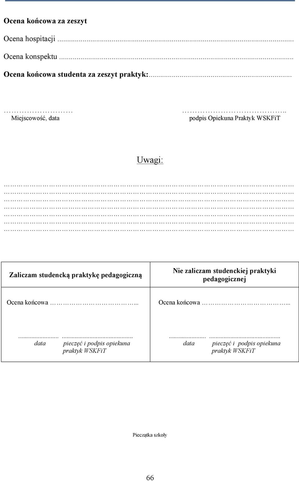 . podpis Opiekuna Praktyk WSKFiT Uwagi: Zaliczam studencką praktykę pedagogiczną Nie zaliczam