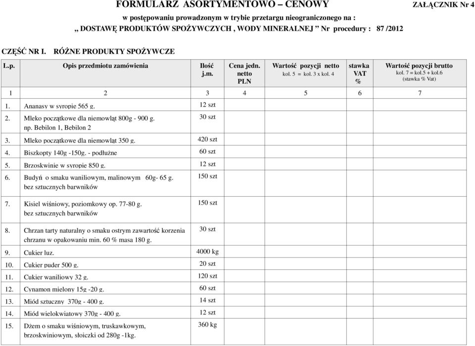 6 (stawka % Vat) 1 2 3 4 5 6 7 1. Ananasy w syropie 565 g. 12 szt 2. Mleko początkowe dla niemowląt 800g - 900 g. np. Bebilon 1, Bebilon 2 30 szt 3. Mleko początkowe dla niemowląt 350 g. 420 szt 4.