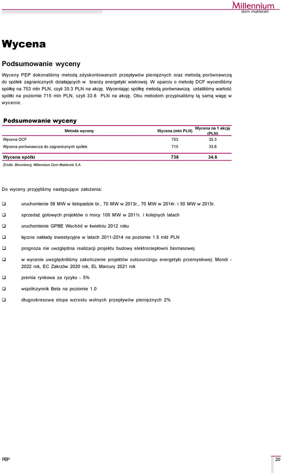Obu metodom przypisaliśmy tą samą wagę w wycenie. Podsumowanie wyceny Metoda wyceny Wycena (mln PLN) Wycena na 1 akcję (PLN) Wycena DCF 753 35.3 Wycena porçwnawcza do zagranicznych spçłek 715 33.