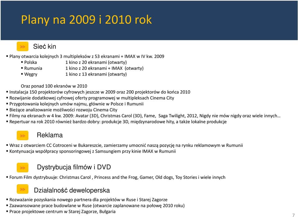 2009 oraz 200 projektorów do końca 2010 Rozwijanie dodatkowej cyfrowej oferty programowej w multipleksach Cinema City Przygotowania kolejnych umów najmu, głównie w Polsce i Rumunii Bieżące