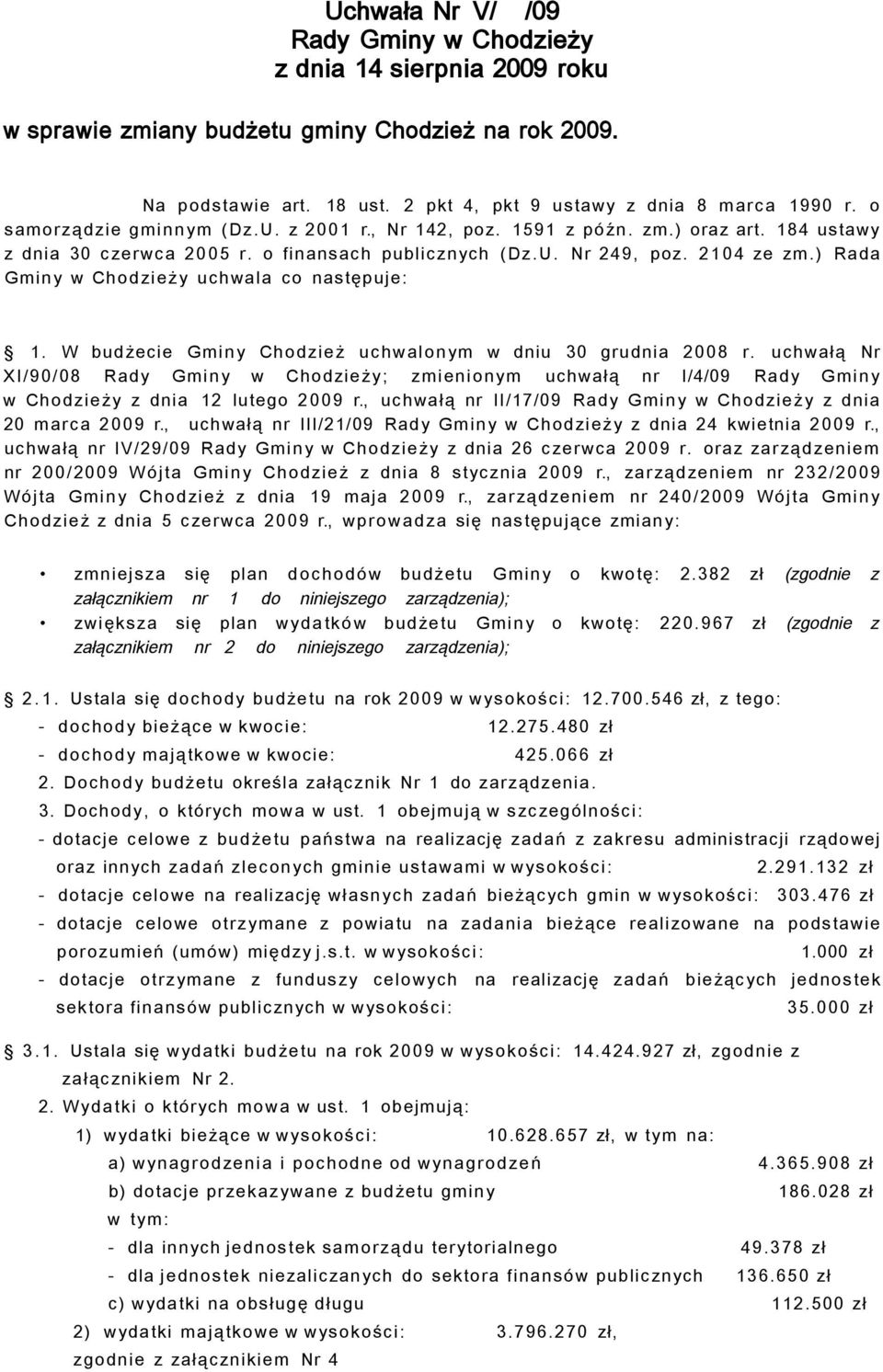 ) Rada Gminy w Chodzieży uchwala co następuje: 1. W budżecie Gminy Chodzież uchwalonym w dniu 30 grudnia 2008 r.