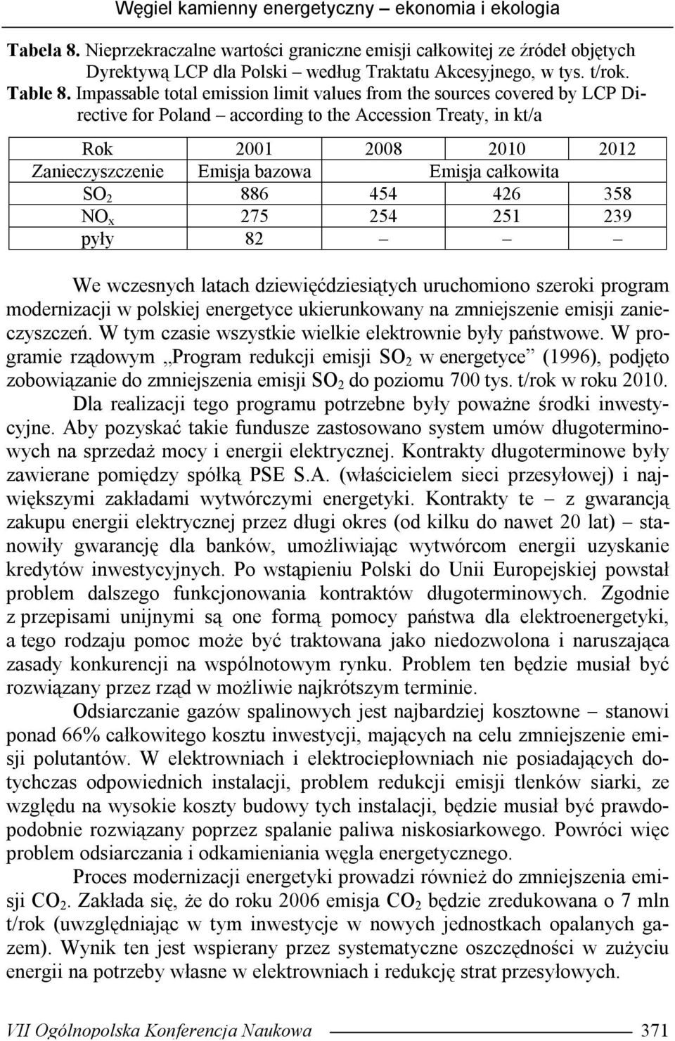 Impassable total emission limit values from the sources covered by LCP Directive for Poland according to the Accession Treaty, in kt/a Rok 2001 2008 2010 2012 Zanieczyszczenie Emisja bazowa Emisja